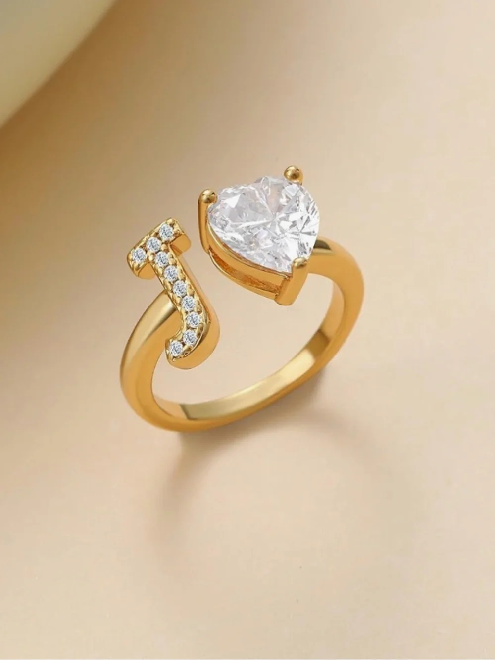 Gold Initial 'J' Heart CZ Open Ring - Gold